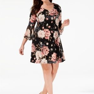 Rose Printed Bell-Sleeve Dress
